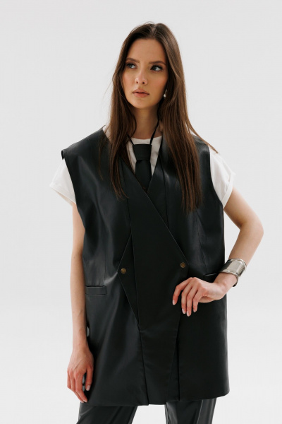 Деловой жилет из эко-кожи с зауженными карманами NikVa 709-3 чёрный - фото 2