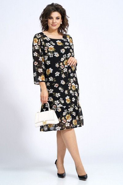 Платье силуэта А-образное на подкладке с разрезом Alani Collection 2148 бело-желтые_цветы - фото 1