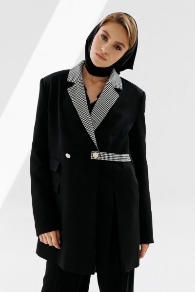 Деловой костюм 3 предмета из текстиля с жакетом и брюками NikVa 711-2 чёрный+чёрно-белая_гусиная_лапка - фото 5