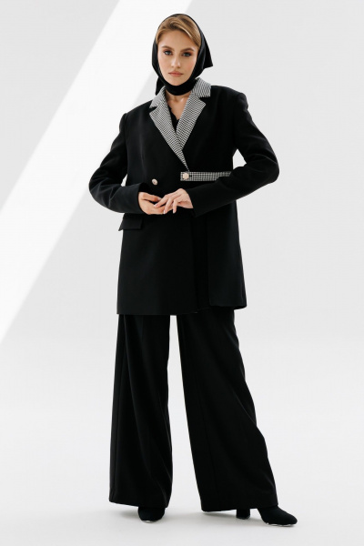 Жакет двубортный свободного объема из текстиля NikVa 712-2 чёрный+чёрно-белая_ гусиная_лапка - фото 1