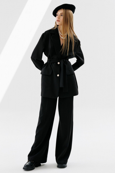 Жакет прямого силуэта с съемным поясом из текстиля NikVa 714-2 чёрный - фото 5