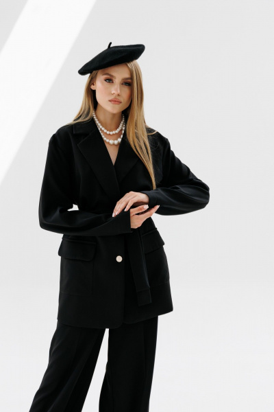 Жакет прямого силуэта с съемным поясом из текстиля NikVa 714-2 чёрный - фото 2