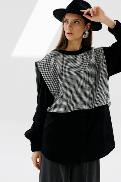 Рубашка и манишка прямого кроя с защипами и широким низом NikVa 716-1 чёрный+чёрно-белая_гусиная_лапка - фото 3