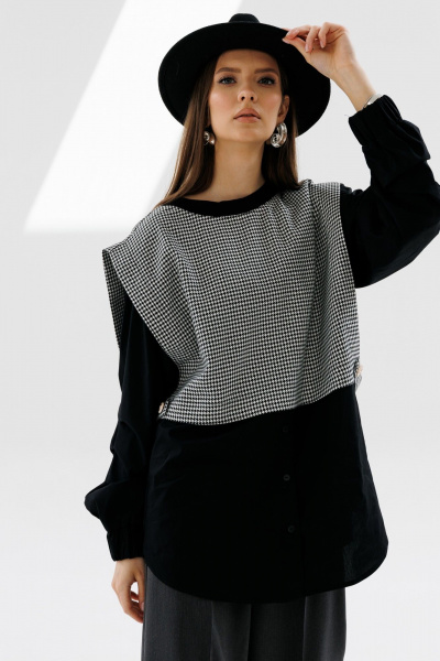 Рубашка и манишка прямого кроя с защипами и широким низом NikVa 716-1 чёрный+чёрно-белая_гусиная_лапка - фото 1