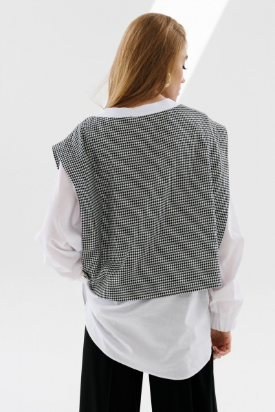 Рубашка и манишка прямого кроя с защипами и аккуратным вырезом NikVa 716-2 молоко+чёрно-белая_гусиная_лапка - фото 7