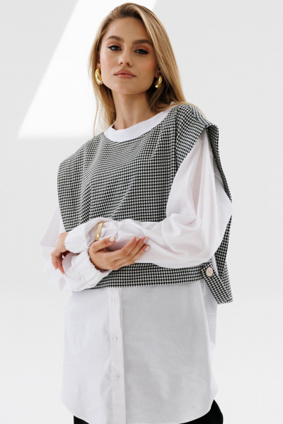 Рубашка и манишка прямого кроя с защипами и аккуратным вырезом NikVa 716-2 молоко+чёрно-белая_гусиная_лапка - фото 6