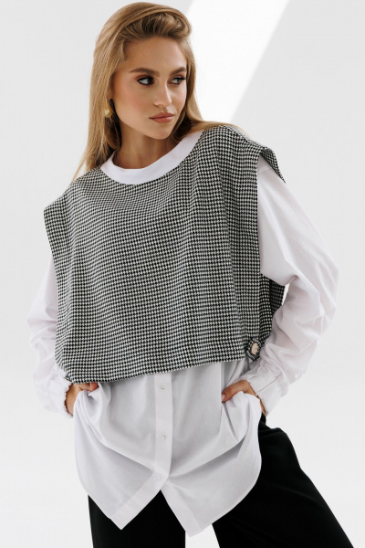 Рубашка и манишка прямого кроя с защипами и аккуратным вырезом NikVa 716-2 молоко+чёрно-белая_гусиная_лапка - фото 1