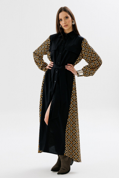 Демисезонное классическое платье-рубашка в пол с клапанами NikVa 718-2 чёрный+ромбы_"апельсин" - фото 1