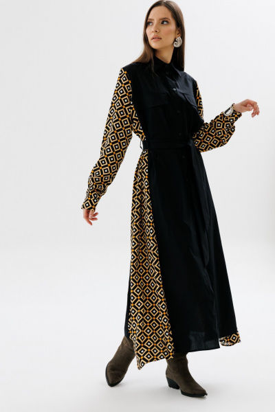 Демисезонное классическое платье-рубашка в пол с клапанами NikVa 718-2 чёрный+ромбы_"апельсин" - фото 3