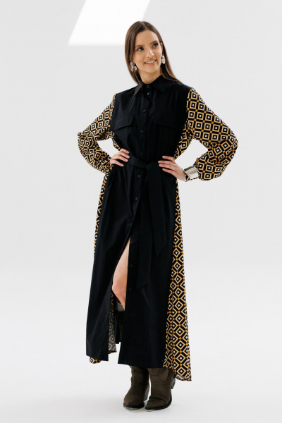 Демисезонное классическое платье-рубашка в пол с клапанами NikVa 718-2 чёрный+ромбы_"апельсин" - фото 2
