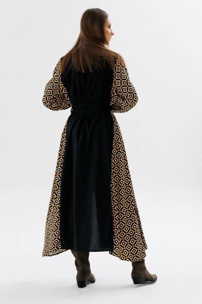 Демисезонное классическое платье-рубашка в пол с клапанами NikVa 718-2 чёрный+ромбы_"апельсин" - фото 5