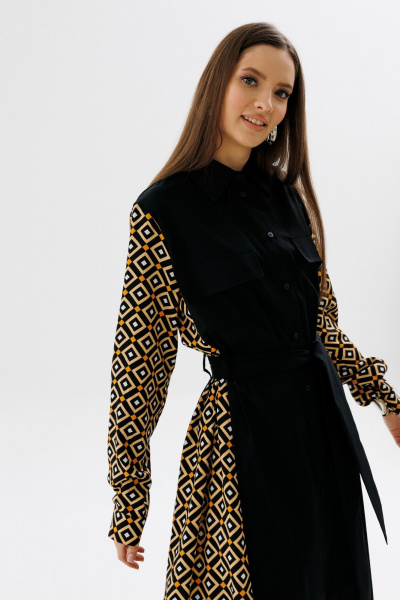 Демисезонное классическое платье-рубашка в пол с клапанами NikVa 718-2 чёрный+ромбы_"апельсин" - фото 4