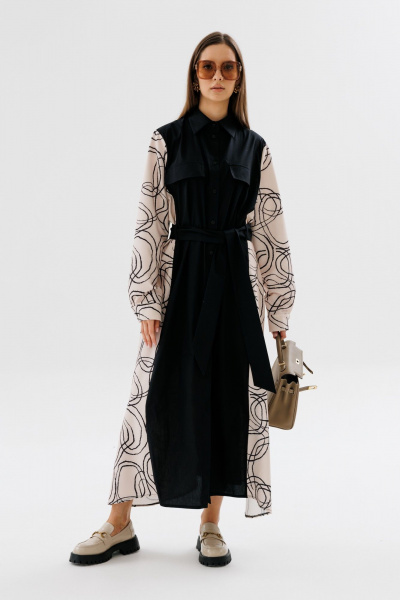 Демисезонное классическое платье-рубашка в пол с пояском NikVa 718-3 чёрный+беж_разводы - фото 7