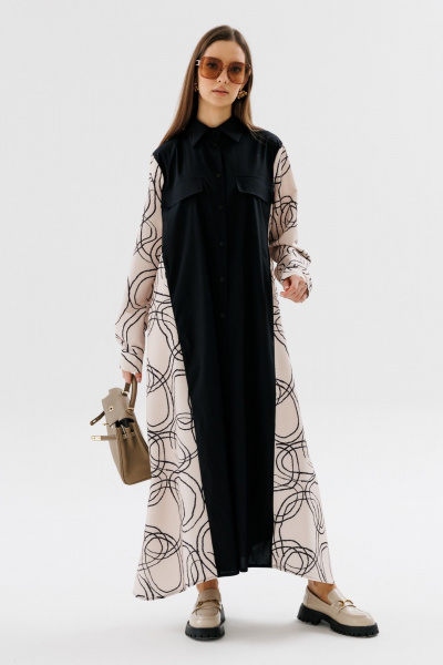 Демисезонное классическое платье-рубашка в пол с пояском NikVa 718-3 чёрный+беж_разводы - фото 6
