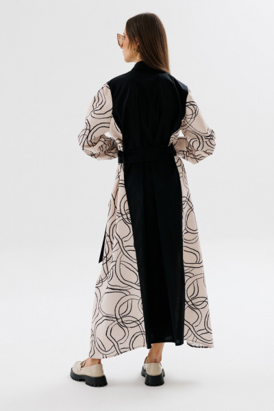 Демисезонное классическое платье-рубашка в пол с пояском NikVa 718-3 чёрный+беж_разводы - фото 5