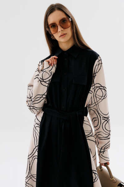 Демисезонное классическое платье-рубашка в пол с пояском NikVa 718-3 чёрный+беж_разводы - фото 4