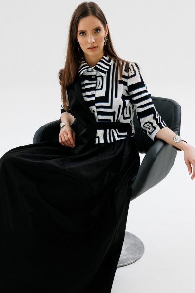 Демисезонное комбинированное платье с имитацией жилета и юбкой NikVa 719-1 черно-белый - фото 8
