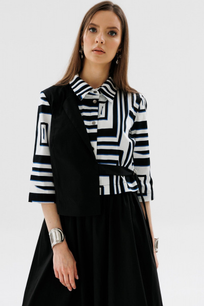 Демисезонное комбинированное платье с имитацией жилета и юбкой NikVa 719-1 черно-белый - фото 4