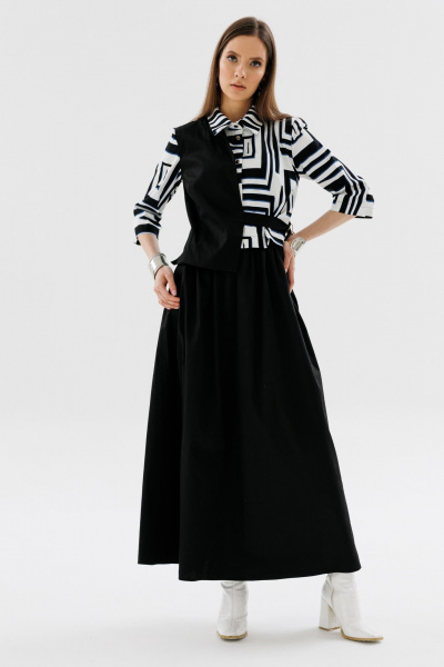 Демисезонное комбинированное платье с имитацией жилета и юбкой NikVa 719-1 черно-белый - фото 2