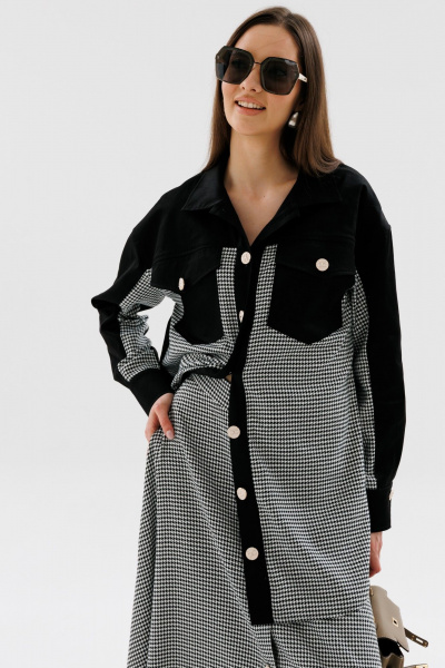 Рубашка прямого кроя с карманами и рубашечным воротником NikVa 721-1 чёрно-белая_гус_лапка - фото 3