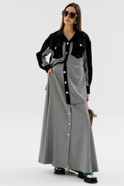 Юбка солнце миди с узким поясом и карманами NikVa 722-1 чёрно-белая_гус_лапка - фото 5