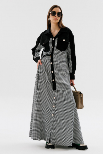 Юбка солнце миди с узким поясом и карманами NikVa 722-1 чёрно-белая_гус_лапка - фото 2