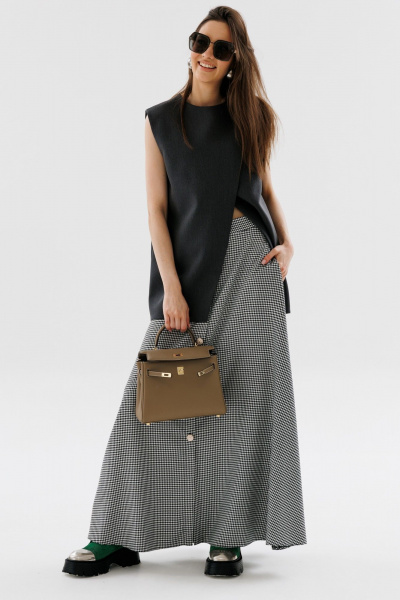 На каждый день костюм 2 предмета из текстиля с юбкой и жилетом NikVa 724-1 графит+чёрно-белая_гус_лапка - фото 5