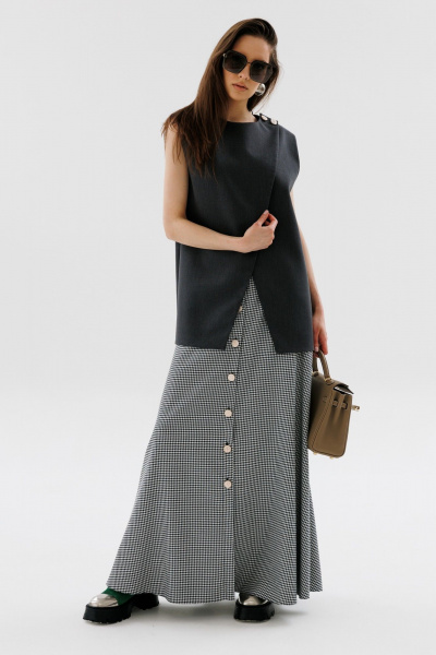 На каждый день костюм 2 предмета из текстиля с юбкой и жилетом NikVa 724-1 графит+чёрно-белая_гус_лапка - фото 4