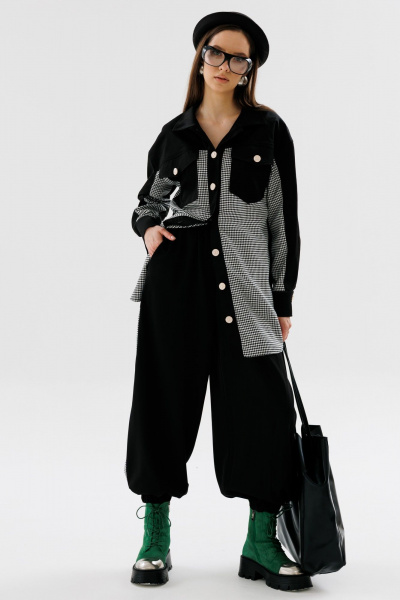 Демисезонный костюм 2 предмета из текстиля с рубашкой и брюками NikVa 726-1 чёрный+чёрно-белая_гусиная_лапка - фото 3