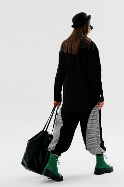 Брюки свободного покроя из текстиля с заужением NikVa 727-1 чёрный+чёрно-белая_гусиная_лапка - фото 2