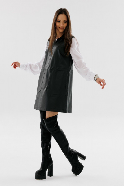 Демисезонное мини платье трапеции из экокожи с карманами NikVa 736-1 чёрный - фото 6