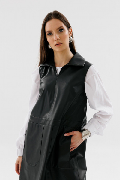 Демисезонное мини платье трапеции из экокожи с карманами NikVa 736-1 чёрный - фото 4