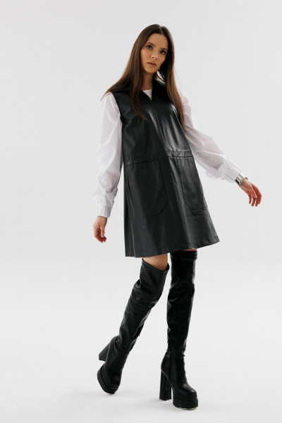 Демисезонное мини платье трапеции из экокожи с карманами NikVa 736-1 чёрный - фото 1