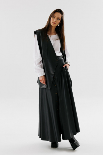 Юбка солнце из экокожи с карманами и узким поясом NikVa 742-1 чёрный - фото 6