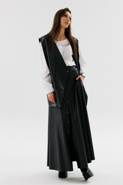 Юбка солнце из экокожи с карманами и узким поясом NikVa 742-1 чёрный - фото 3