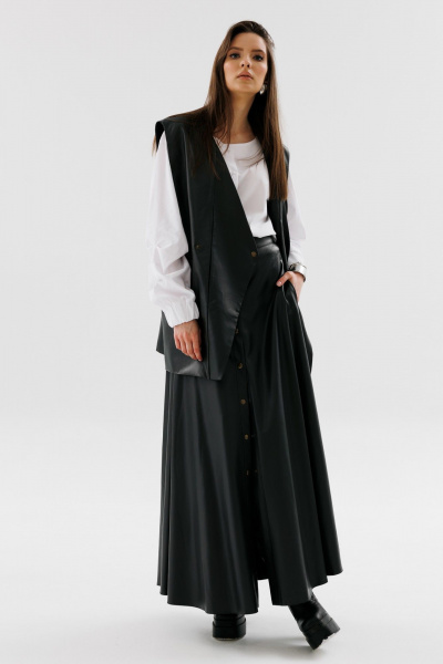 Юбка солнце из экокожи с карманами и узким поясом NikVa 742-1 чёрный - фото 2
