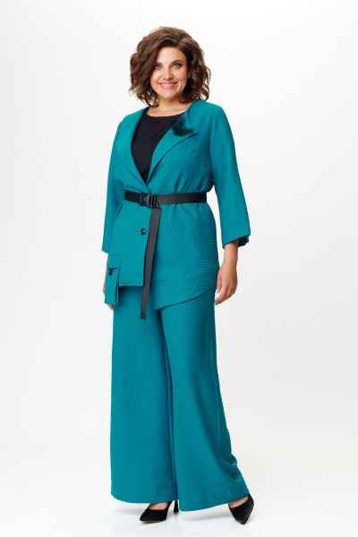 Женский летний костюм из текстиля с асимметричным жакетом Michel chic 1386 темная_бирюза - фото 1