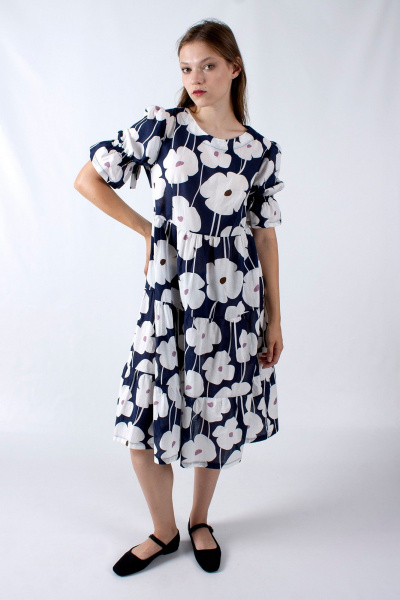 Платье А-силуэта с воланами и бантом на рукаве Mita ЖМ1149 синий - фото 2