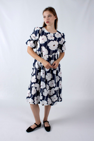 Платье А-силуэта с воланами и бантом на рукаве Mita ЖМ1149 синий - фото 1