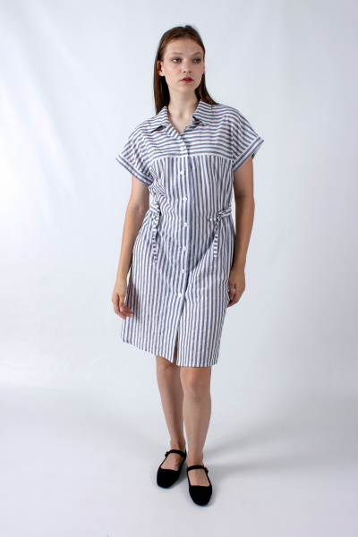 Платье прямого силуэта с рукавом фонарик и кулиской Mita ЖМ1186 синий_полоска - фото 2