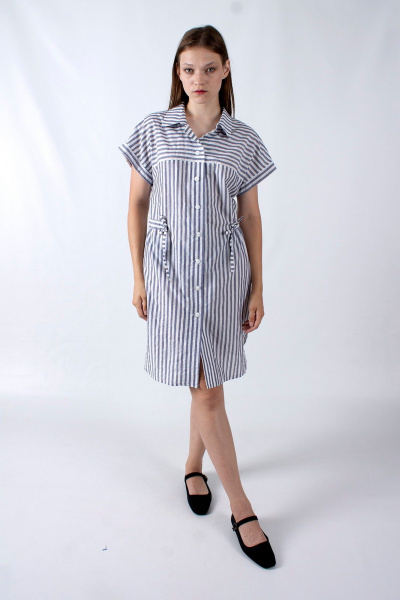 Платье прямого силуэта с рукавом фонарик и кулиской Mita ЖМ1186 синий_полоска - фото 1