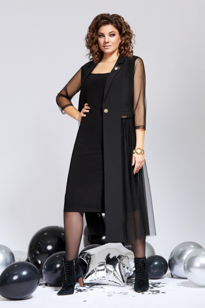Комплект платье и накидка с рельефами и отделкой Милора-стиль 1136/1 черный - фото 2