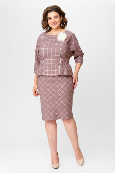 Клетчатый костюм блузка и юбка с рельефными швами Bonna Image 923 бежевый - фото 7