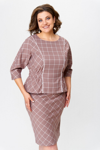 Клетчатый костюм блузка и юбка с рельефными швами Bonna Image 923 бежевый - фото 6