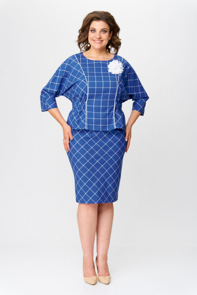 Клетчатый костюм блузка и юбка с декоративным цветком Bonna Image 923 синий - фото 7