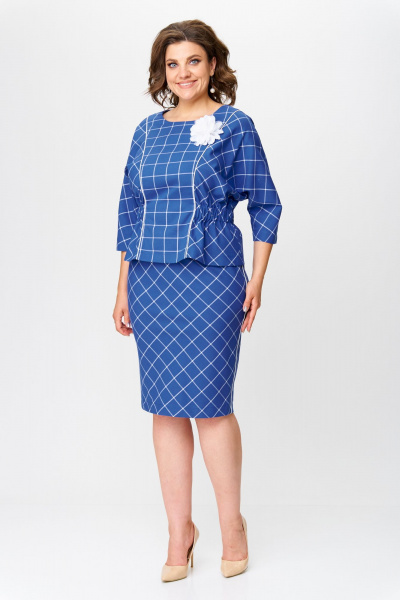 Клетчатый костюм блузка и юбка с декоративным цветком Bonna Image 923 синий - фото 6