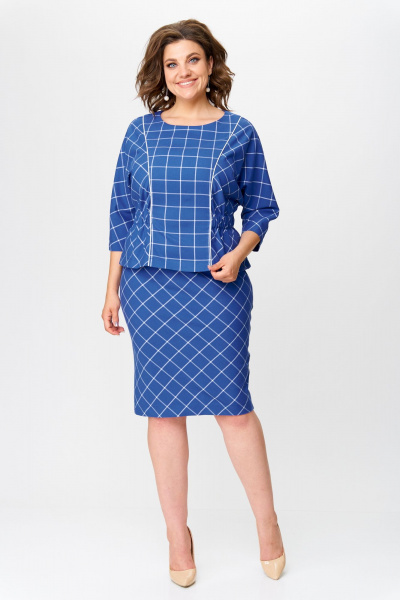 Клетчатый костюм блузка и юбка с декоративным цветком Bonna Image 923 синий - фото 4