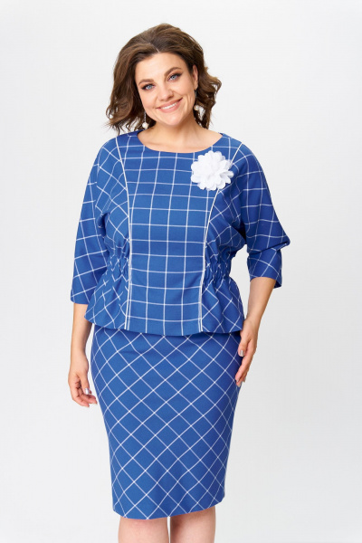 Клетчатый костюм блузка и юбка с декоративным цветком Bonna Image 923 синий - фото 1