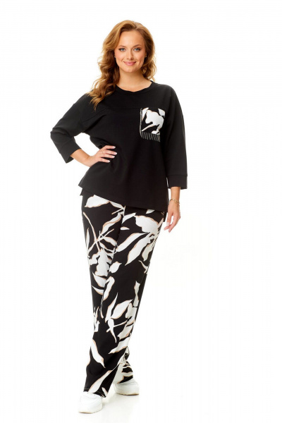 Летний женский комплект из свитшота и брюки с карманами VI ORO VR-1137-2 черный-листья - фото 3