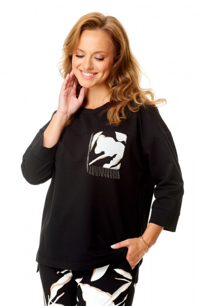 Летний женский комплект из свитшота и брюки с карманами VI ORO VR-1137-2 черный-листья - фото 10